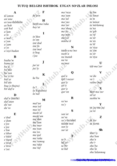 tutuq belgisi ishtirok etgan so‘zlar imlosi — PDF