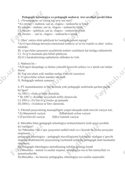 pedagogik_texnologiya_va_pedagogik_mahorat_test_savollari_javobi@e — DOCX