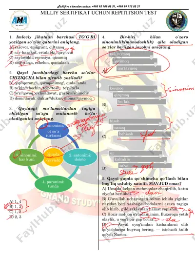 milliy sertifikat uchun repititsion test 5 — PDF