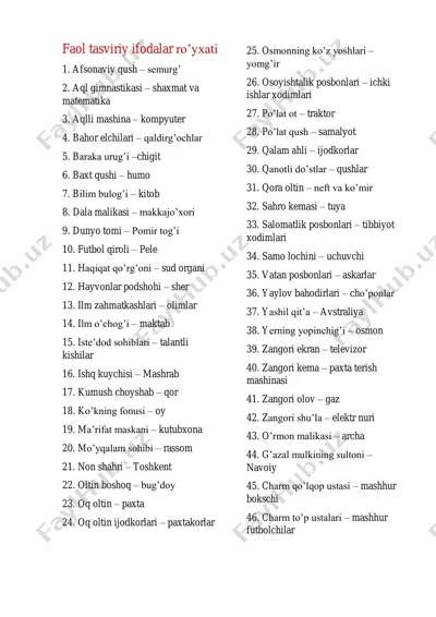 faol tasviriy ifodalar ro'yxati — PDF