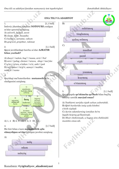 jamshidbek abdullayev sertifikat ona tili test 4-test — PDF