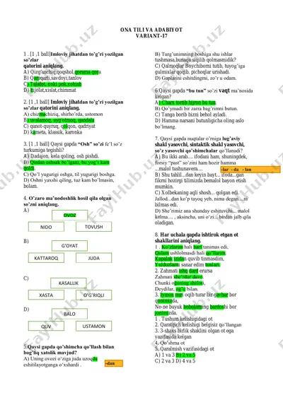 milliy sertifikat diagnostik test 5 javobi — PDF