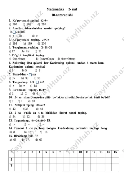 10- nazorat ishi matem 2- sinf test sinovi — PDF