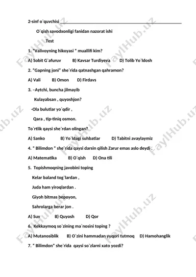 2-sinf o`qishdan nazorat ishi test . qo`shjanova mahliyo — DOCX
