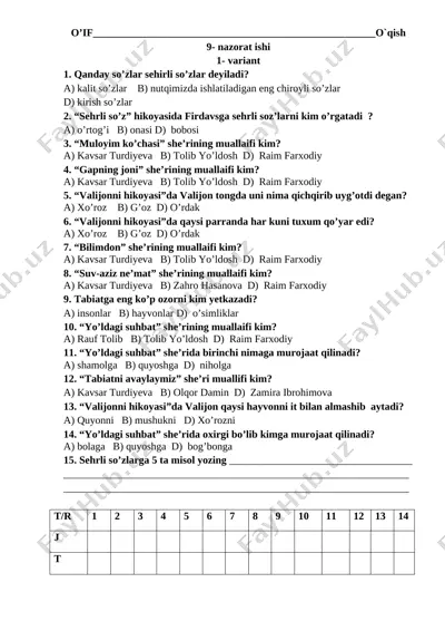9- nazorat ishi o'qish savodxonligi — DOCX