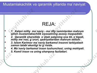 mustamlakachilik va qaramlik yillarida ma`naviyat — PPTX