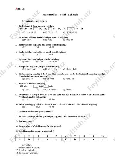 2-sinf matematika fanidan test va nazorat ishlari — ZIP