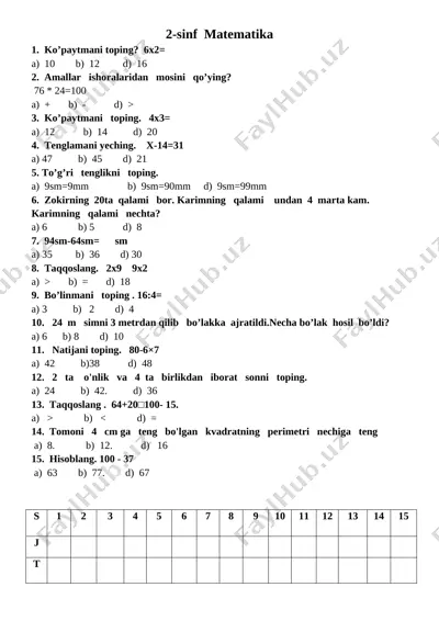 2-sinf matematika test yangi — DOCX