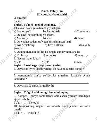 tabiiy fan iii chorak nazorat ishi — DOCX