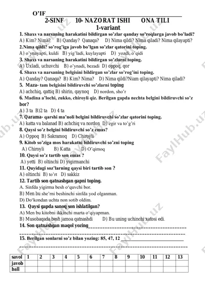 10- nazorat ishi ona tilidan 2- sinf — PDF