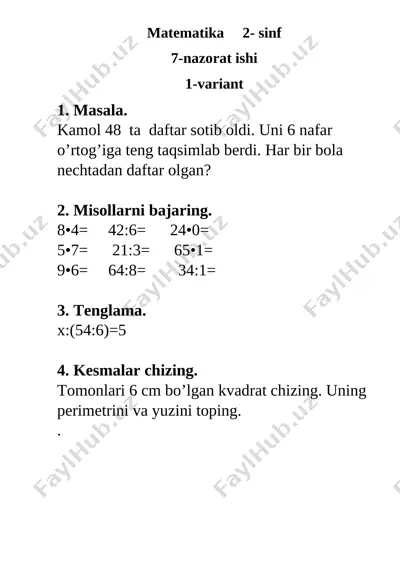 7- nazorat ishi matem 2- sinf — DOCX