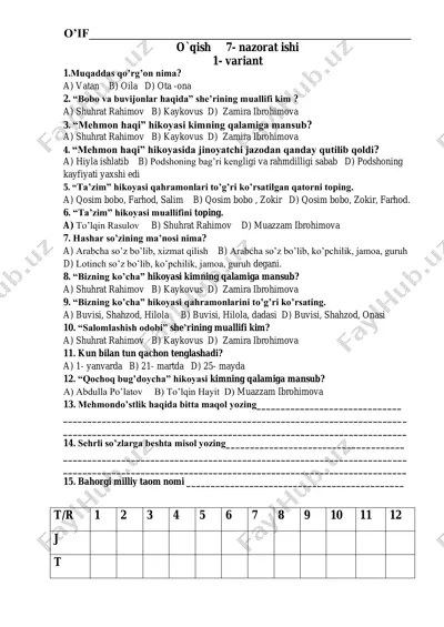 7- nazorat ishi o'qish savodxonligi — PDF