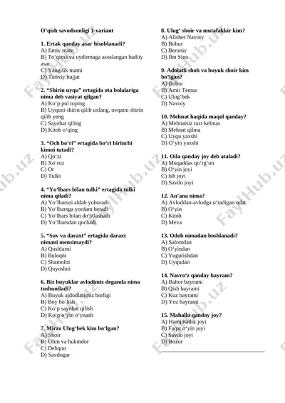2-sinf 3-chorak test barcha fanlar — DOCX