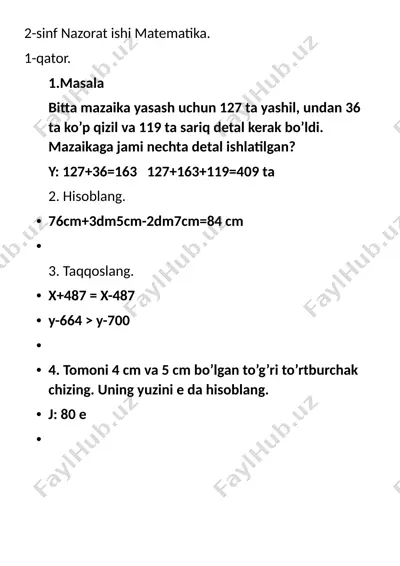 matematika nazorat 3-chorak 2-sinf 1 — DOCX