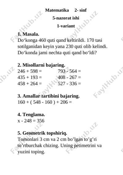 5- nazorat ishi matem 2- sinf — DOCX
