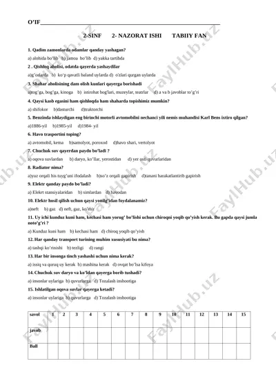 2-sinf 2- nazorat ishi tabiiy fan — DOCX