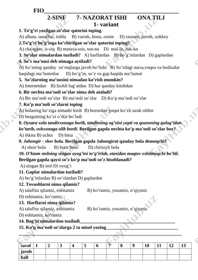7- nazorat ishi ona tilidan 2- sinf — DOCX