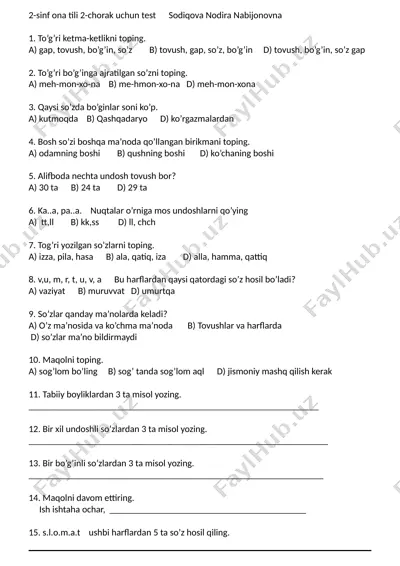 2-sinf ona tili test snn 2-chorak — DOCX