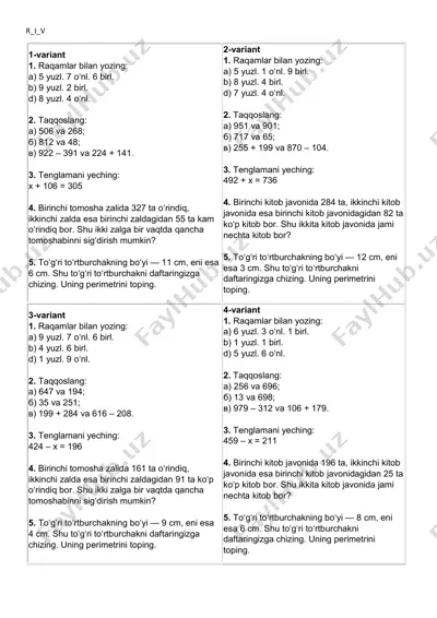 matematika 2-sinf 3-kontrol ishi 40 ta variantlar — PDF