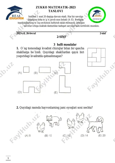 zukko matematik 2-sinf 1-variant — PDF