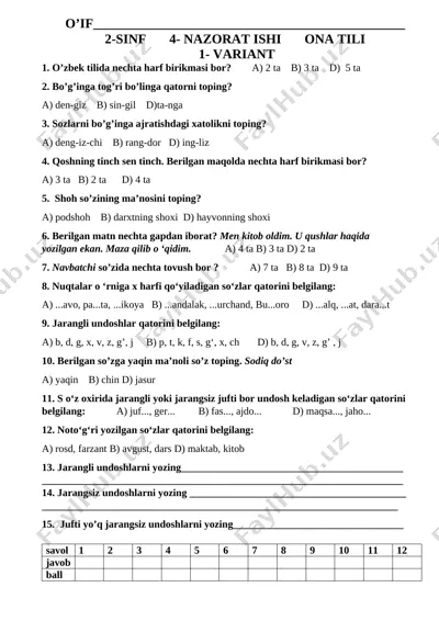 4- nazorat ishi ona tilidan 2- sinf — DOCX