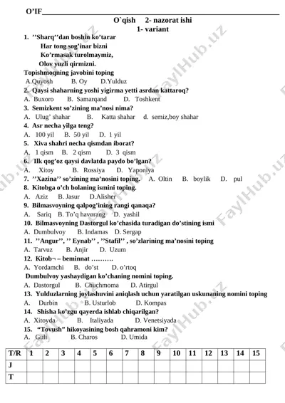 2- nazorat ishi o'qish savodxonligi — DOCX