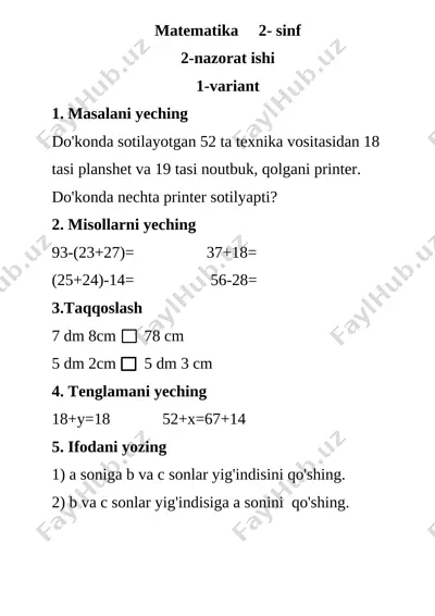 2- nazorat ishi matem 2- sinf — DOCX