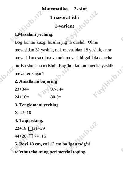 1- nazorat ishi matem 2- sinf — DOCX