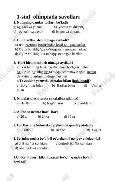 1-sinf olimpiada savollari — DOCX