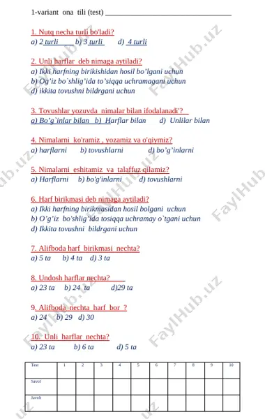 ona tili 3-nazorat ishi test — DOCX