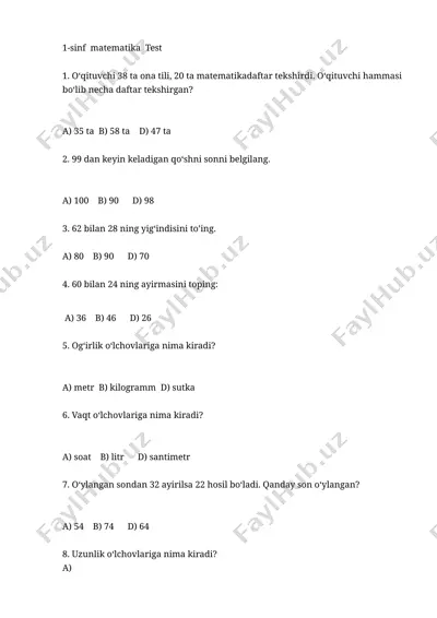 test matematika 1-sinf — DOCX