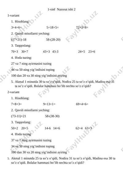 1-sinf matematika 2- nazorat namangan chortoq anora — DOCX