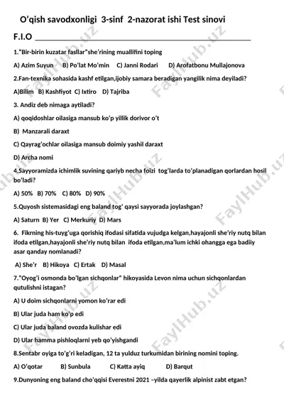 o'qish savodxonligi 3-sinf 1-chorak 2-nazorat ishi — DOCX