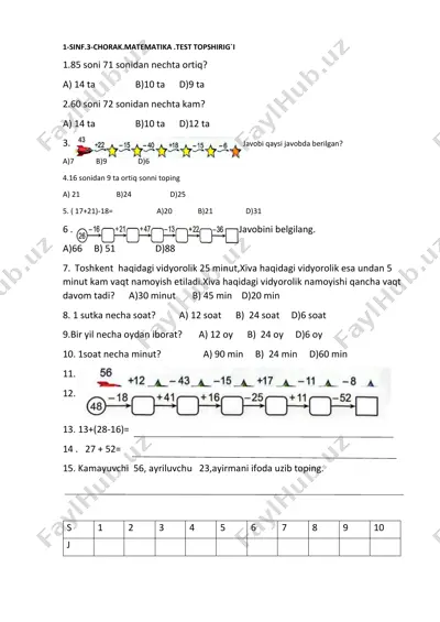 1-sinf.ona t.o`qish.matemarika test.3-ch — PDF