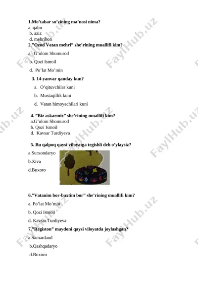 1-sinf nazorat test — DOCX