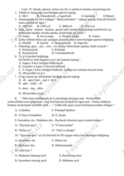 7- sinf iv chorak yakuniy — DOCX
