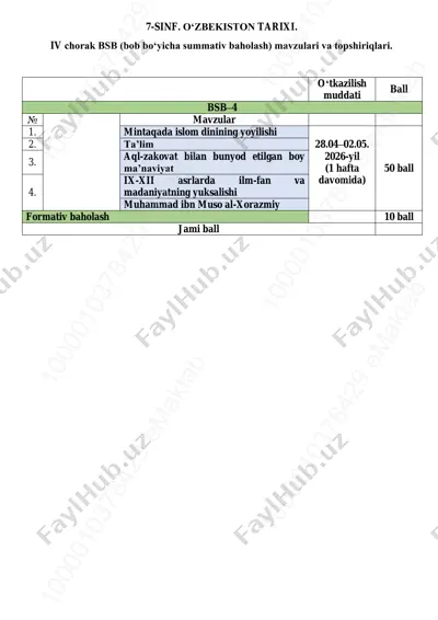 7-sinf o'zb tarix 4-bsb @summativ_formativ_baholash — PDF