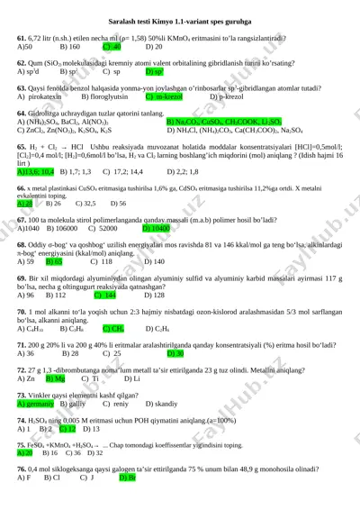 saralash testi kimyo 1 var — DOCX