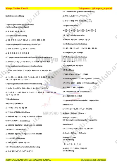kimyoga doir matematika testlar — PDF