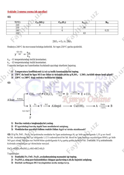 kimyo. 4-oktabr (1-smena). yozma ish savollari — PDF