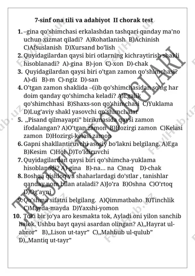 7-sinf ona tili va adabiyot ii chorak test. 30 talik — DOCX