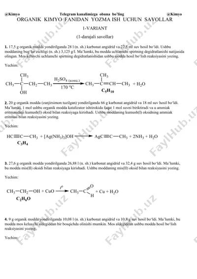 organika yozma yechim @kimyo — PDF