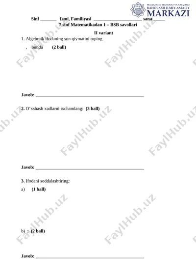 7-sinf matematika 2-variant bsb @summativ_formativ_baholash — DOCX