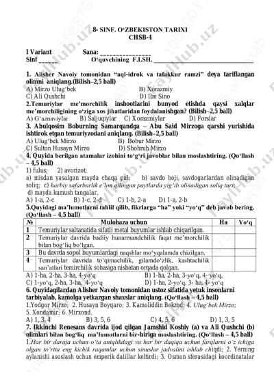 8_sinf_o'zb_tarixi_4_chsb_1_var_@summativ_formativ_baholash — PDF