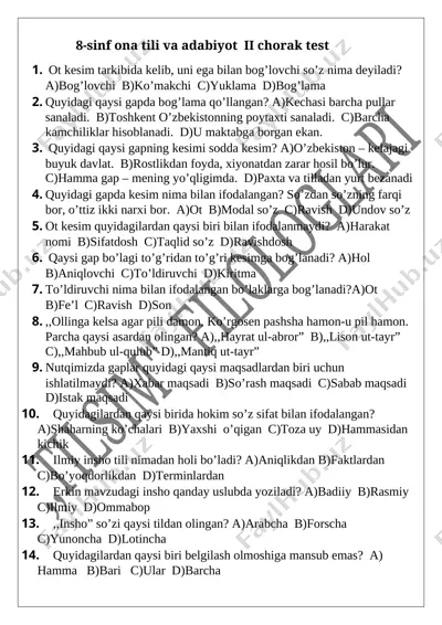 8-sinf ona tili va adabiyot ii chorak test. 30 talik — DOCX