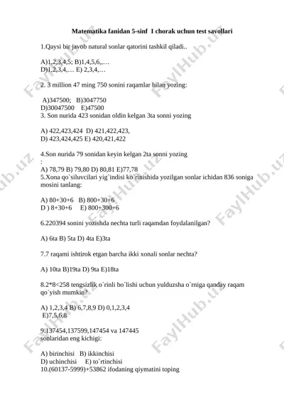 5-sinf matematika test savollari — DOCX