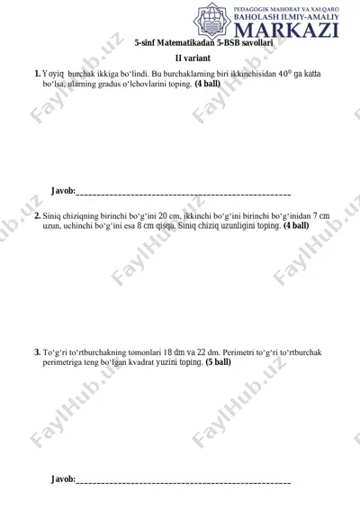 ii chorak. 5 sinf 5 bsb matematika umumtalim ii variant — PDF