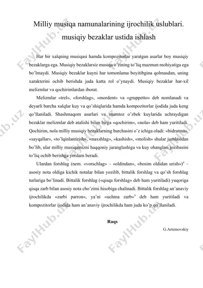 milliy musiqa namunalarining ijrochilik uslublari. musiqiy bezaklar ustida ishlash — DOCX