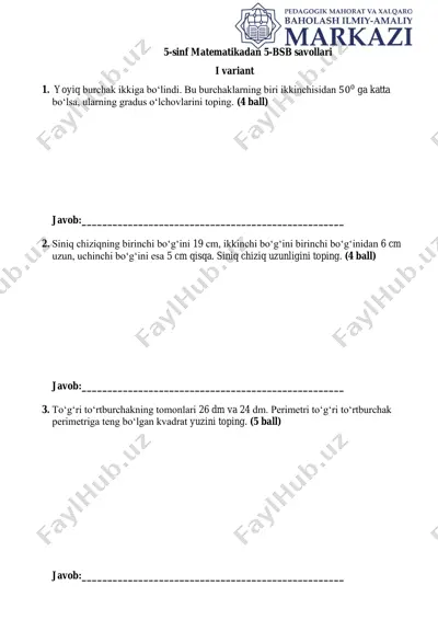 ii chorak. 5 sinf 5 bsb matematika umumtalim i variant — PDF
