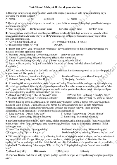 adabiyot 10 sinf test 2 chorak — DOCX